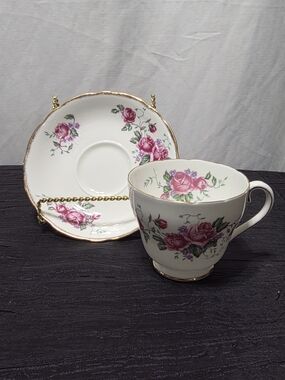 Vintage Adderley Fine Bone China Tea Cup & Saucer Set - Pink Roses & Gold Trim
